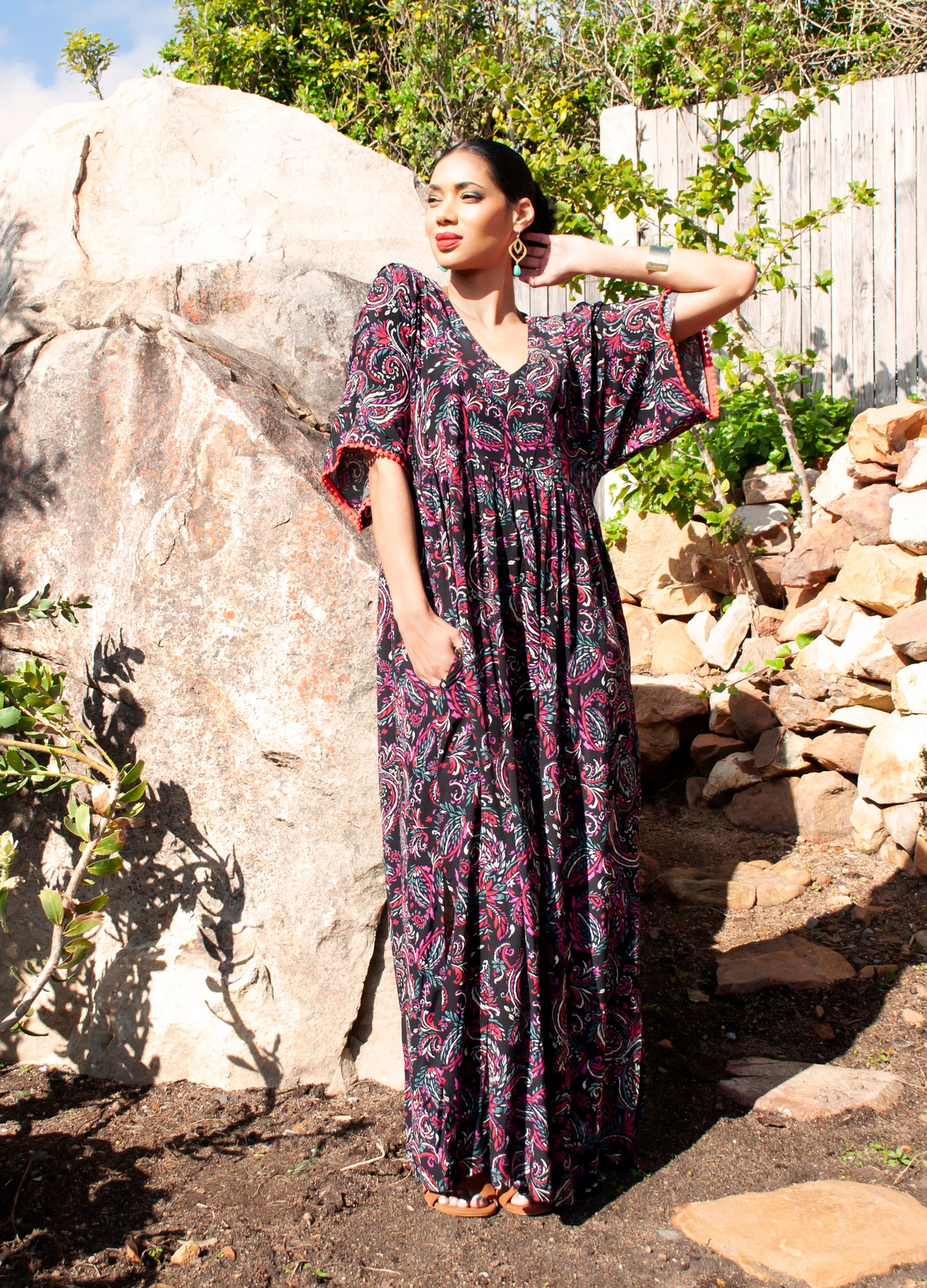 Clara kaftan dress in black Paisley Dreams print