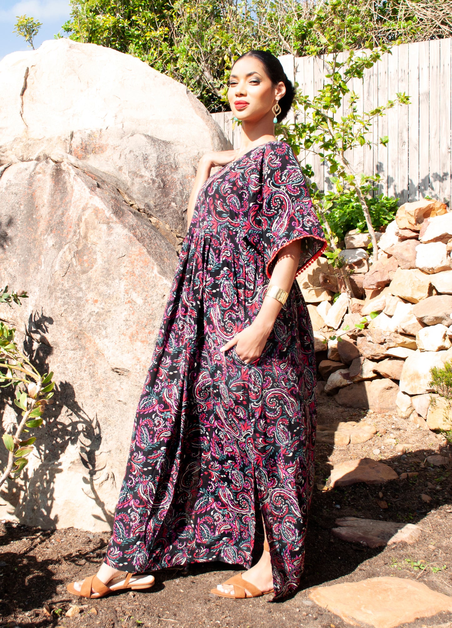 Clara kaftan dress in black Paisley Dreams print