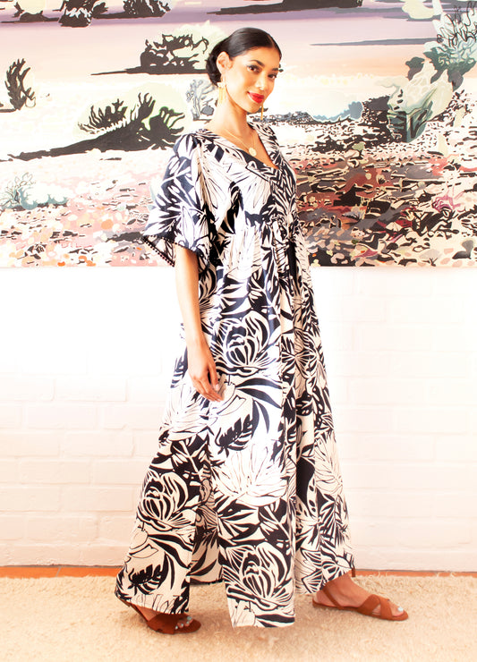 Clara kaftan dress in black Fireglow Floral print