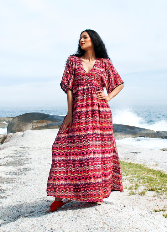 Clara kaftan dress in red ZigZag print