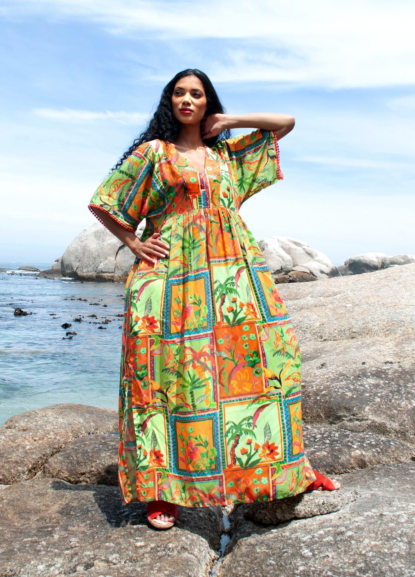 Clara kaftan dress in green Foliage Frames print