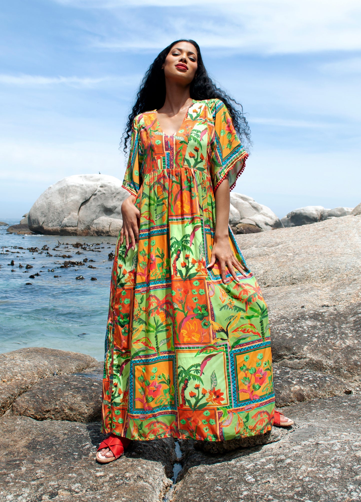 Clara kaftan dress in green Foliage Frames print