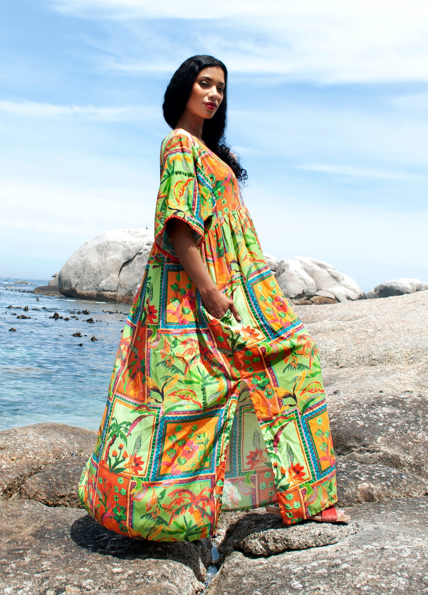 Clara kaftan dress in green Foliage Frames print