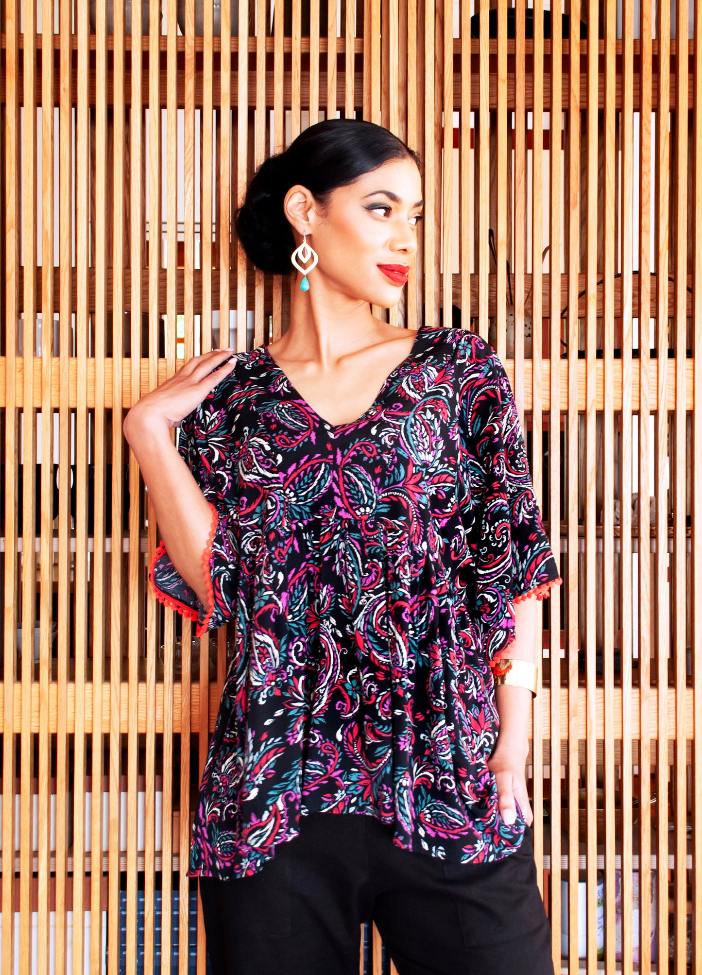 Mimi kaftan top  in black Paisley Dreams print