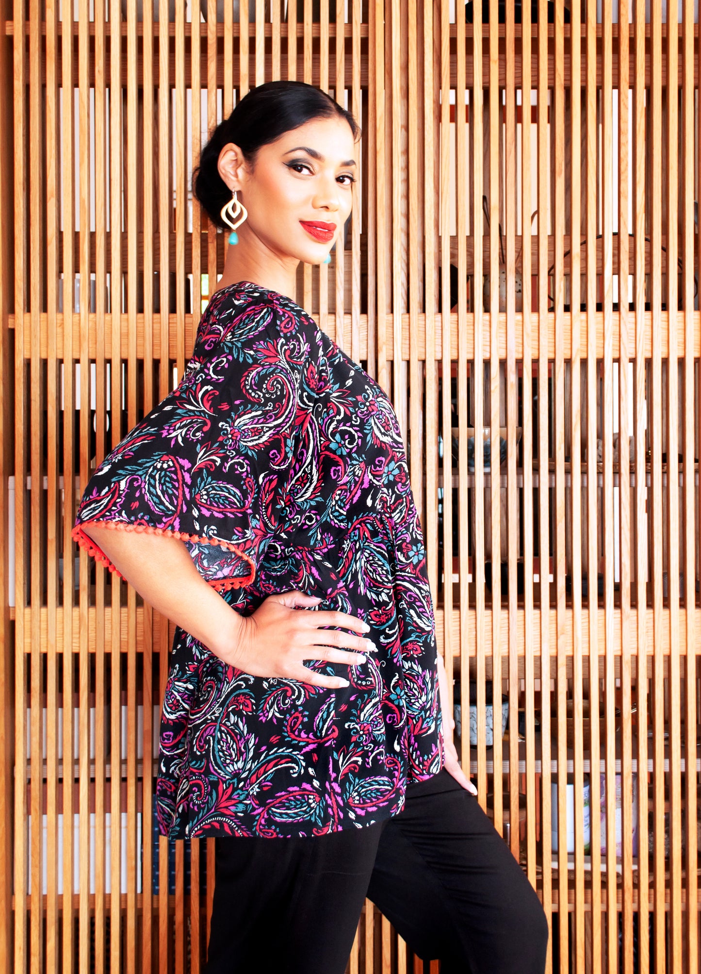 Mimi kaftan top  in black Paisley Dreams print