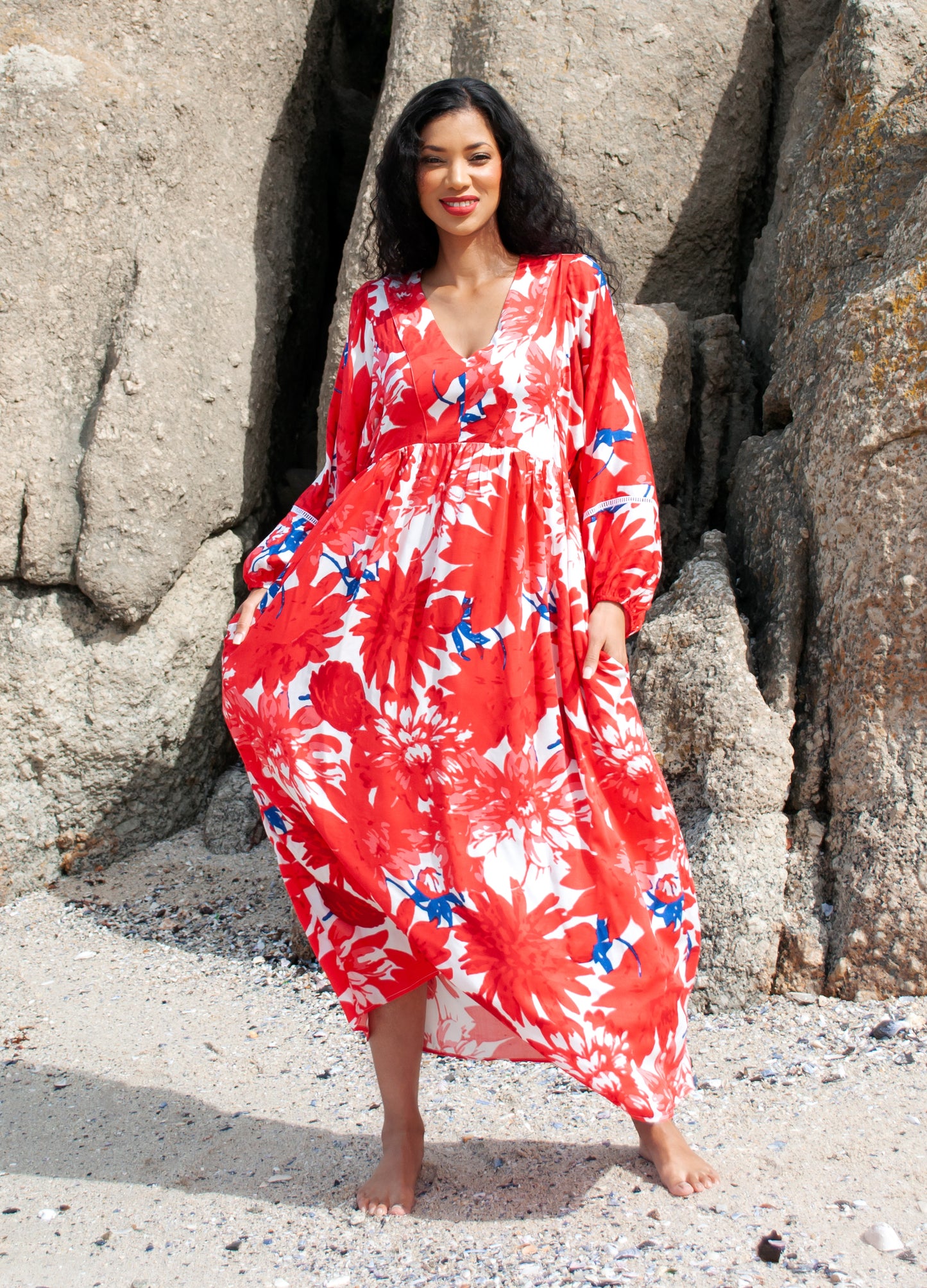 Poppy kaftan dress in red Papavero print