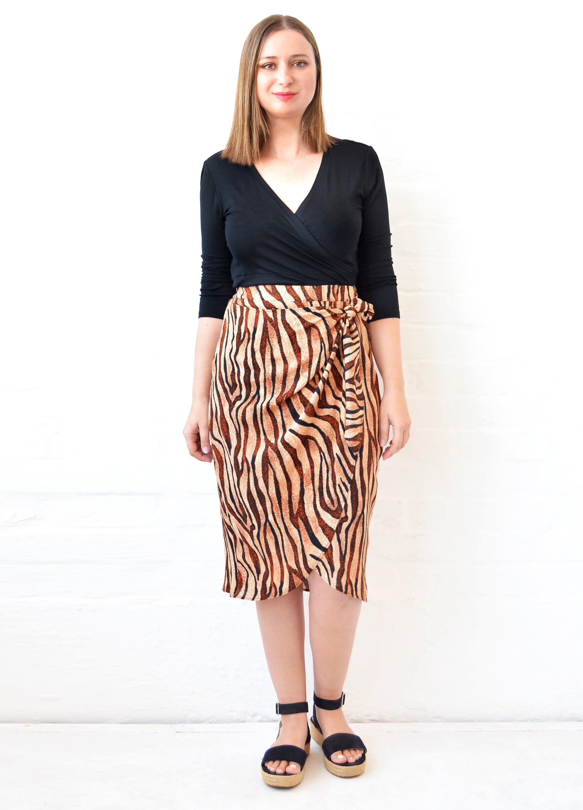Willow wrap skirt in caramel Tiger Wave print – Maya Prass Clothing